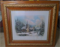 Framed drawing of snowy church at night 35x31