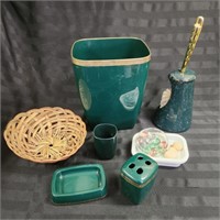 5pc Green Bathroom Set, Wicker Basket and more