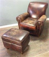 BROWN LEATHER CHAIR W FOOT STOOL