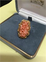 Gold Tone and Faux Coral  costume Ring