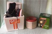 Bait boxes, shoes, skates, Coleman lantern