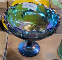 BLUE CARNIVAL GLASS STEMMED BOWL