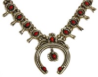 W. HALEY NAVAJO RED CORAL SQUASH BLOSSOM NECKLACE
