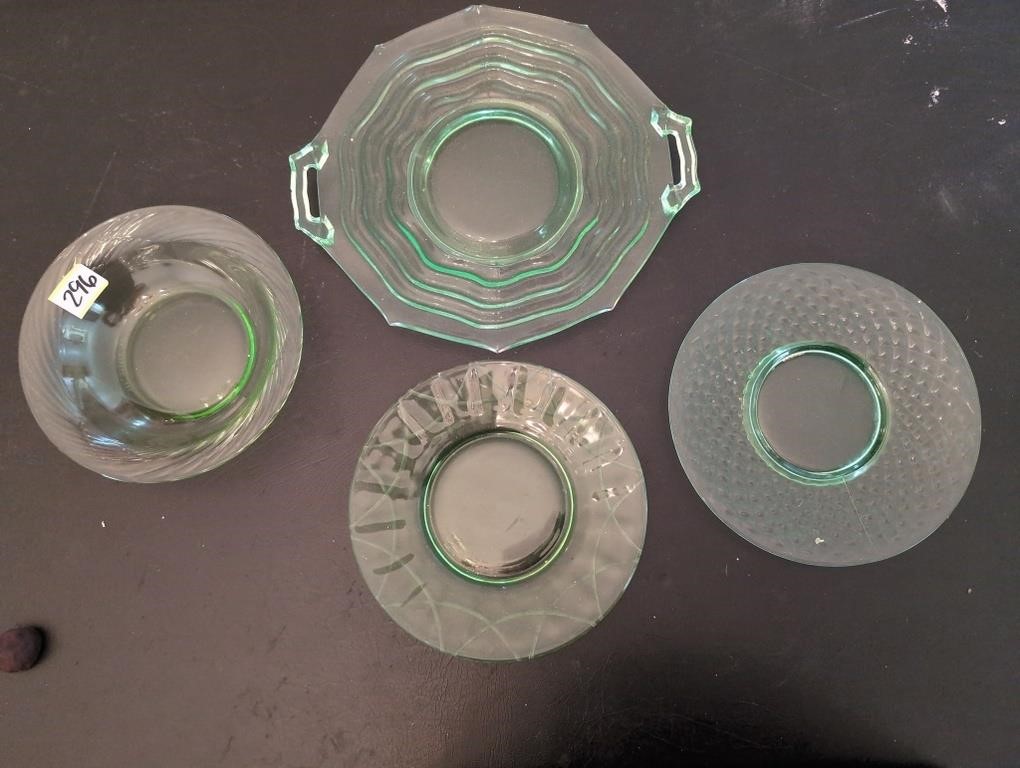 Green depression vintage glassware platter, bowl,