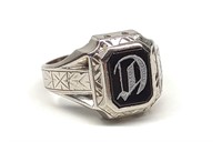 Art Deco 10K Gold & Onyx Signet "D" Ring (sz 8.75)