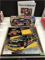 Miller mirror, NASCAR racer car and book