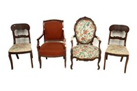 Ornately Carved Arm Chair and 3 Other Chairs