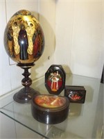 3 Russian Painted Boxes & Egg