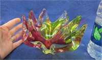 heavy art glass dish (red-green) handmade