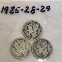 SILVER Mercury Dime LOT 1925-1928-1929