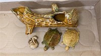 Vtg Ceramic Log, Turtle Pair, Squirrel Decor