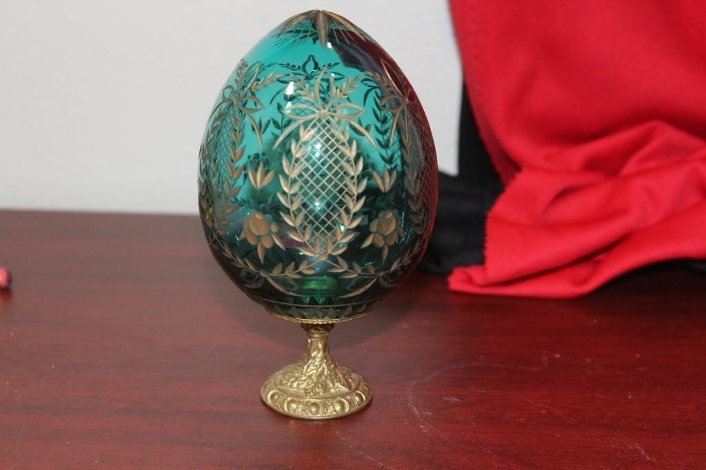 A Gold Gilted Etched Glass Egg on Stand