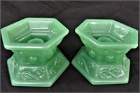 2-GREEN GLASS JADITE CANDLEHOLDERS