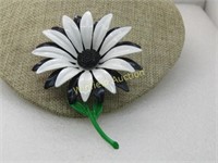 Vintage Black White Enameled Flower Brooch, Statem
