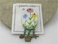 Vintage Porcelain Painted Floral Brooch with Dangl