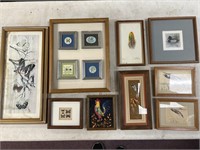 Nine pieces of framed artwork