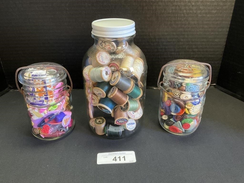 Vintage Glass Jars, Buttons, Sewing Thread.