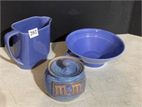 BLUE POTTERY PITCHER AND TWO HANDLED BOWL AND M&M