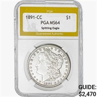 1891-CC Morgan Silver Dollar PGA MS64 Spitting