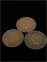 Three Antique 1C Indian Head Penny Coins-