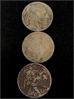 Three Vintage 5C Buffalo Nickel Coins