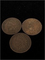 Three Antique 1C Indian Head Penny Coins-