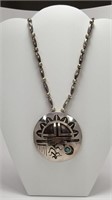 Indian Silver Necklace w/Signed 3" Pendant w/Turq