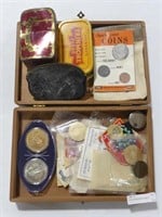 CIGAR BOX WITH ASS'T STAMPS, TOKENS, COLLECTIBLES