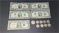 SILVER CERTIFICATE '93, RED SEAL $2, 8 90% QUARTER