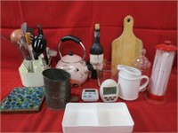 Pig teapot & assorted kitchen items.