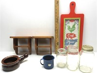 Vtg. Kitchen Items: Wall Hanger, Mason Jars, etc..
