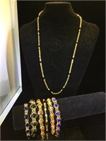6- gemstone & glass bracelets & 1 necklace