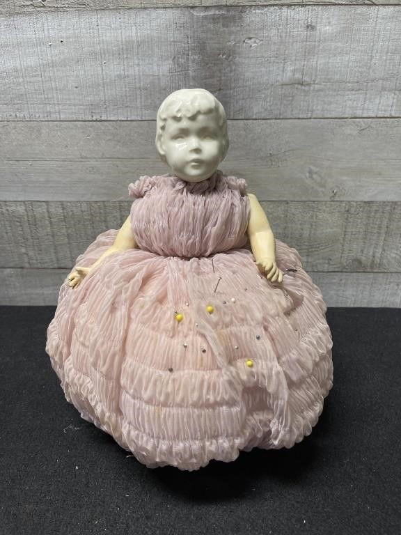 Vintage Porcelain Doll Pin Cushion 10"