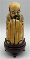 Chinese Ivory Man Figurine On Wooden Stand