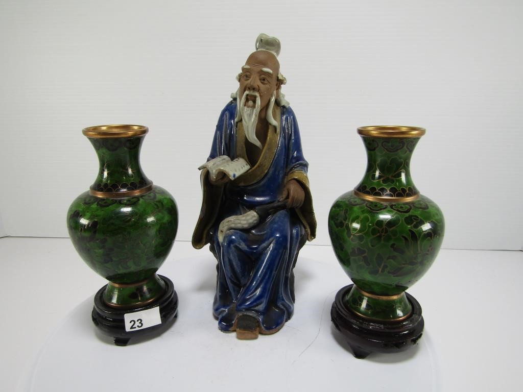 CHINESE CERAMIC FIGURE W/ 2 CLOISONNE VASES