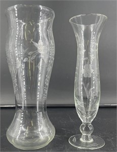 2 Etched Glass Vases