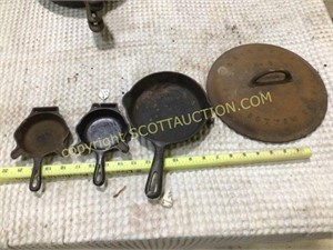 4 pcs Griswold cast iron items, 2 ash trays, #3