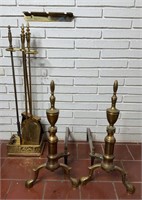 Vintage Brass Andirons & Fireplace Tool Set
