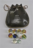 10pc Vintage Marbles w Leather Bag