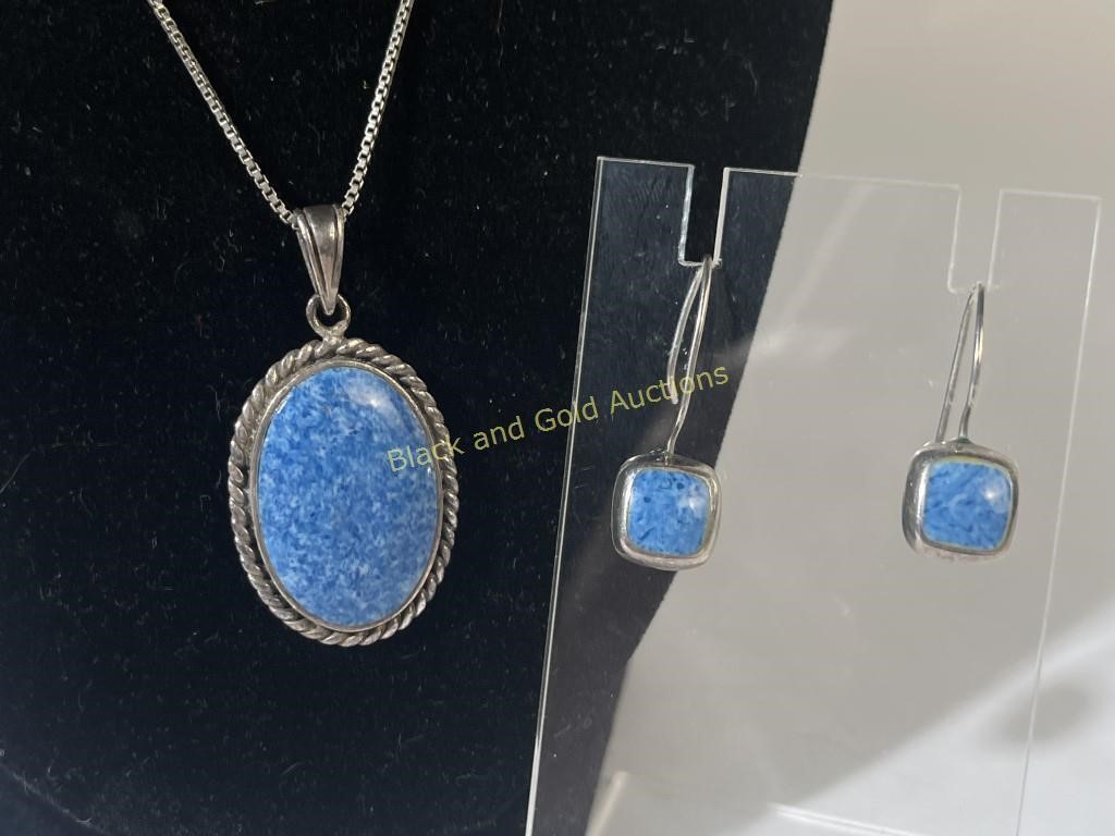 Sterling Silver Blue Gem Necklace & Earrings