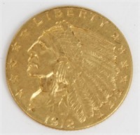 1912 $2.50 INDIAN GOLD COIN RAW