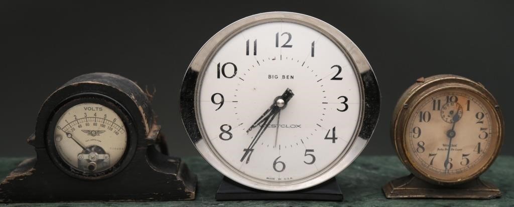 Vtg Jewell Voltmeter & Big Ben Alarm Clocks (3)