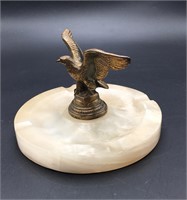 Ivory Marble Ashtray With Brass/Bronze Eagle