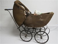 WICKER DOLL CARRIAGE, COMPO DOLL, ETC.: