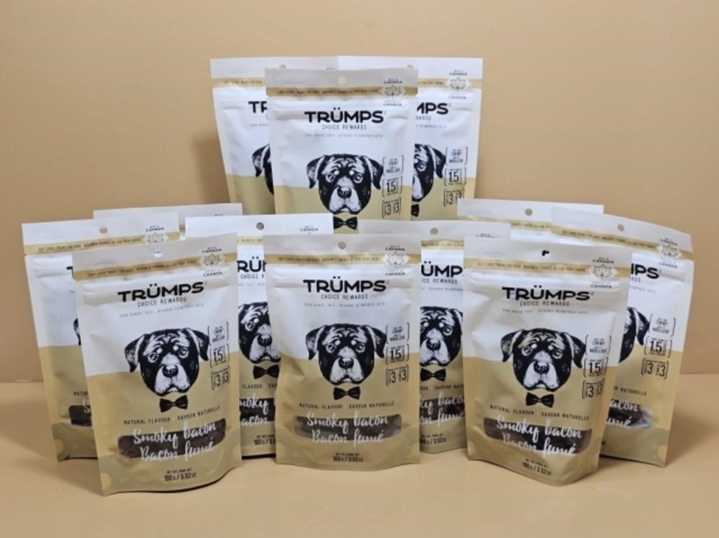 12 BAGS OF TRUMPS SMOKEY BACON DOG TREATS