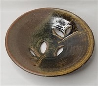 Vintage glazed pierced stoneware bowl