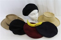 5 Vtg. Wool Berets, Straw, Woven Hats+