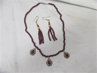 STERLING SILVER GARNET DEMI PARURE NECKLACE WITH