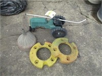Tractor yard sprinklers, 2 tractor weights, funnel