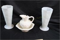 Milk Glass Vases, Wash Pitcher, & Bowl
